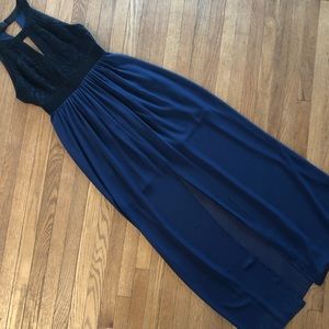 BCBGeneration Evening Dress Maxi Black Lace Top & Navy Sheer Overlay Size 0